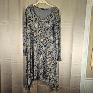 Gundrun Sjoden Womens Gray Floral Long Sleeve Asymmetrical Lagenlook Dress Large